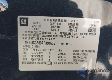 2010 Chevrolet Tahoe Ltz z USA, uszkodzony, nr VIN 1GNUCCE09AR191635